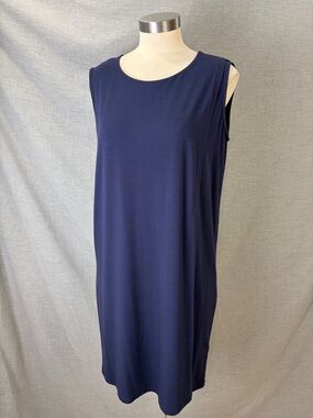 Eileen Fisher Navy Blue Viscose Sleeveless Shift Dress S/P Draped Overlay